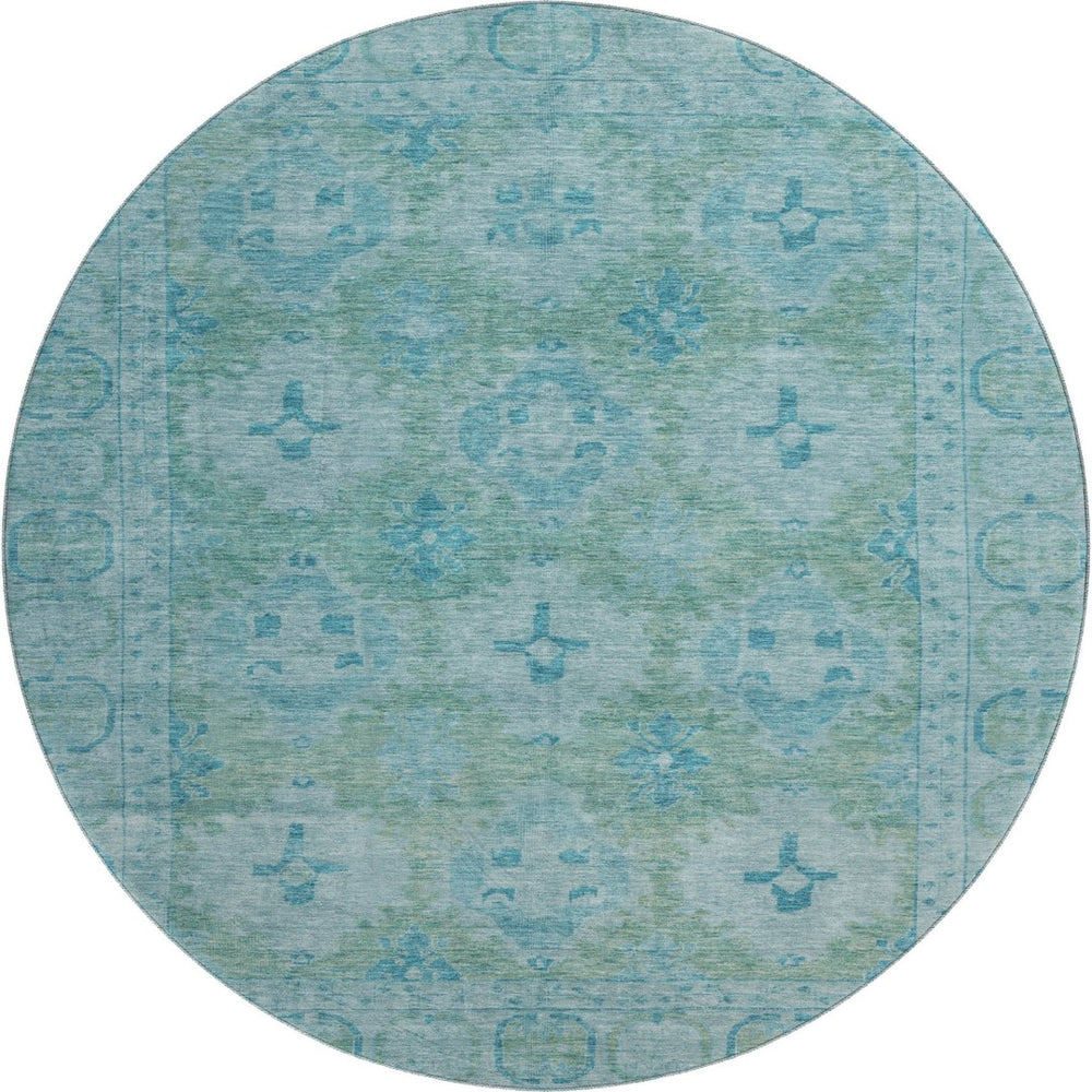 HomeRoots 8' Teal and Aqua Oriental Round Rug - Washable, UV-Protected, Durable & Stylish Home Décor Piece 700490