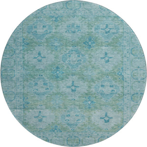 HomeRoots 8' Teal and Aqua Oriental Round Rug - Washable, UV-Protected, Durable & Stylish Home Décor Piece 700490