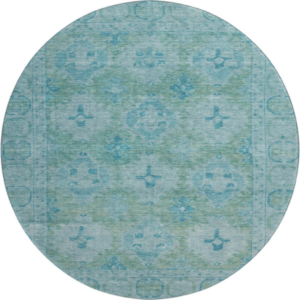HomeRoots 8' Teal and Aqua Oriental Round Rug - Washable, UV-Protected, Durable & Stylish Home Décor Piece 700490