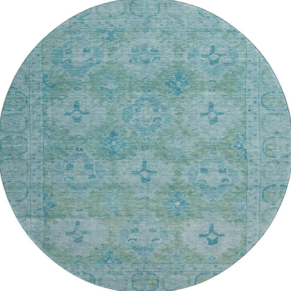 HomeRoots 8' Teal and Aqua Oriental Round Rug - Washable, UV-Protected, Durable & Stylish Home Décor Piece 700490