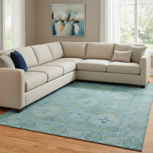 HomeRoots 8' X 10' Teal and Aqua Oriental Area Rug - Durable, UV-Protected, Stain-Resistant for Busy Homes! 700491