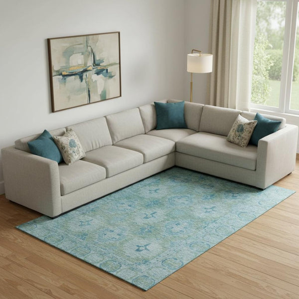 HomeRoots 9' X 12' Teal And Aqua Oriental Area Rug – Durable, Stain-Resistant, UV Protected & Non-Slip Design! 700492