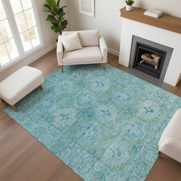 HomeRoots 10' Teal and Aqua Oriental Washable Area Rug - Durable, UV-Protected, Ideal for Busy Homes & Kids 700493