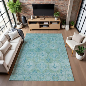 HomeRoots 10' Teal and Aqua Oriental Washable Area Rug - Durable, UV-Protected, Ideal for Busy Homes & Kids 700493