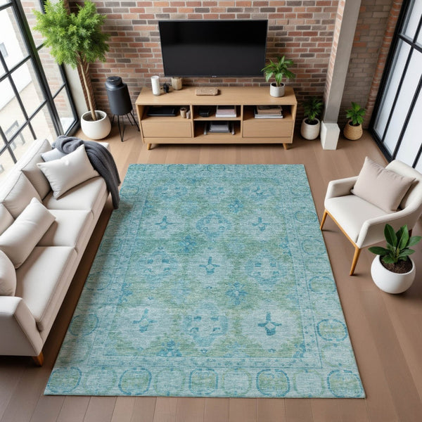 HomeRoots 10' Teal and Aqua Oriental Washable Area Rug - Durable, UV-Protected, Ideal for Busy Homes & Kids 700493