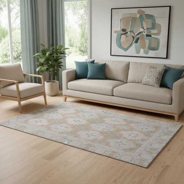 HomeRoots 5' X 8' Terra Cotta & Teal Oriental Area Rug - Durable, Stain-Resistant, UV Protected for Homes 700495