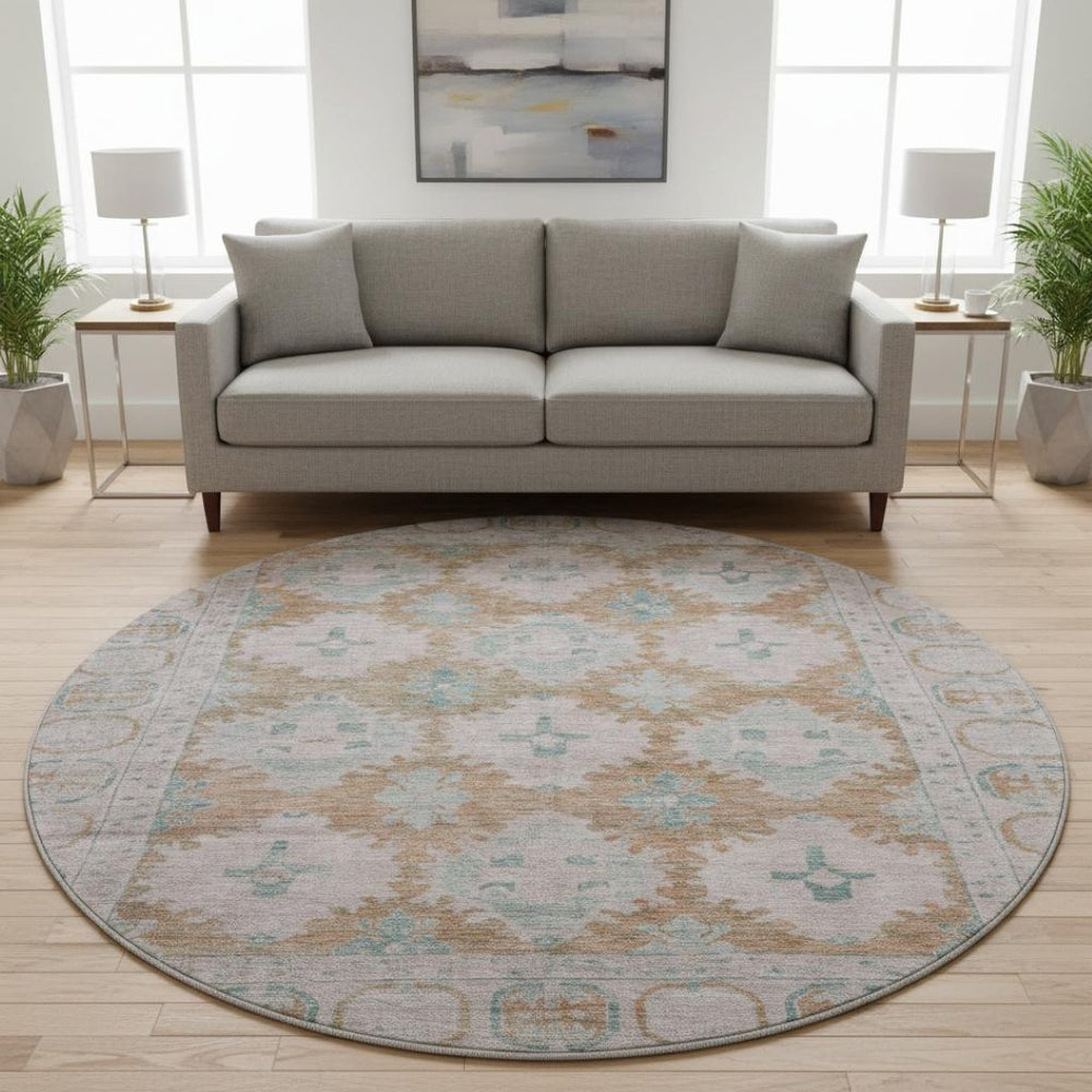 HomeRoots 8' Terra Cotta and Teal Round Area Rug - Durable, Washable, UV Protected for Family-Friendly Spaces! 700496