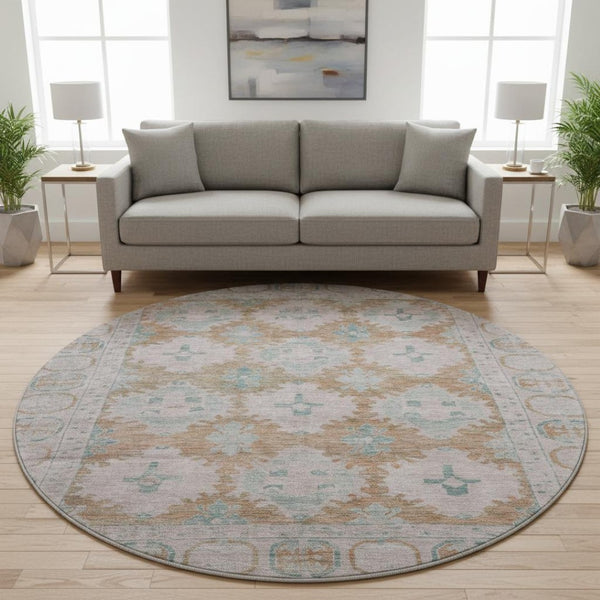 HomeRoots 8' Terra Cotta and Teal Round Area Rug - Durable, Washable, UV Protected for Family-Friendly Spaces! 700496