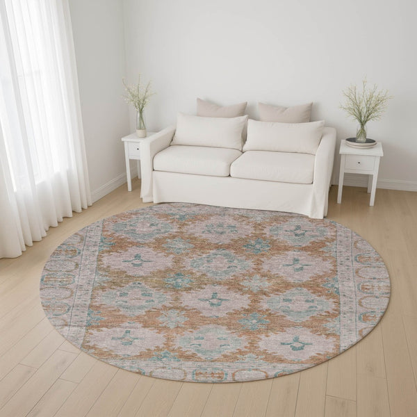 HomeRoots 8' Terra Cotta and Teal Round Area Rug - Durable, Washable, UV Protected for Family-Friendly Spaces! 700496
