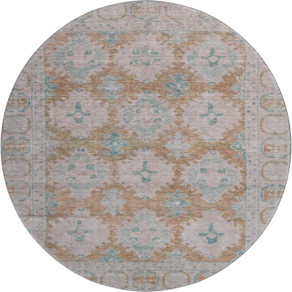 HomeRoots 8' Terra Cotta and Teal Round Area Rug - Durable, Washable, UV Protected for Family-Friendly Spaces! 700496