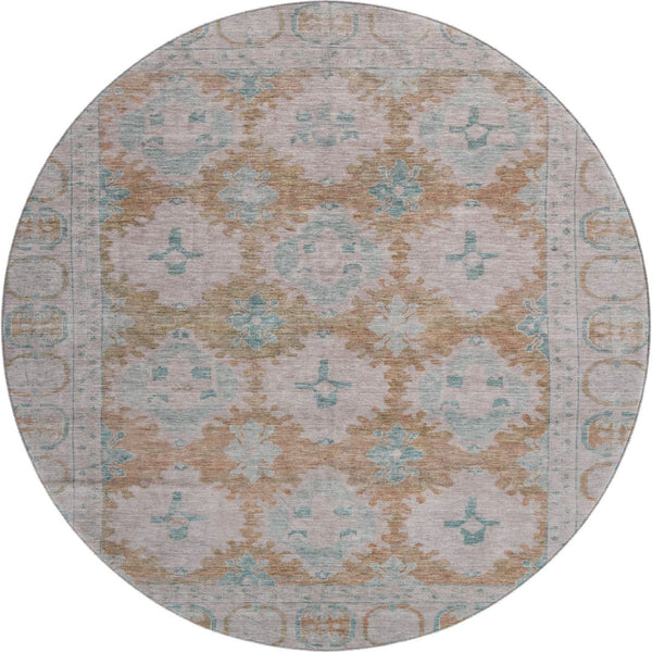 HomeRoots 8' Terra Cotta and Teal Round Area Rug - Durable, Washable, UV Protected for Family-Friendly Spaces! 700496