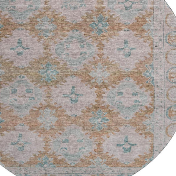 HomeRoots 8' Terra Cotta and Teal Round Area Rug - Durable, Washable, UV Protected for Family-Friendly Spaces! 700496