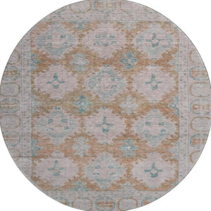HomeRoots 8' Terra Cotta and Teal Round Area Rug - Durable, Washable, UV Protected for Family-Friendly Spaces! 700496