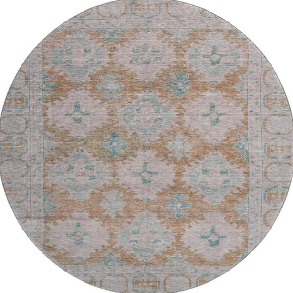 HomeRoots 8' Terra Cotta and Teal Round Area Rug - Durable, Washable, UV Protected for Family-Friendly Spaces! 700496