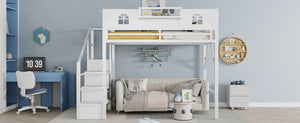 English Elm Full Size Loft Bed With Integrated Wardrobe, Stairs, House-Shaped Guardrails & Space-Saving Design W2593S00037