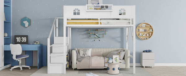 English Elm Full Size Loft Bed With Integrated Wardrobe, Stairs, House-Shaped Guardrails & Space-Saving Design W2593S00037