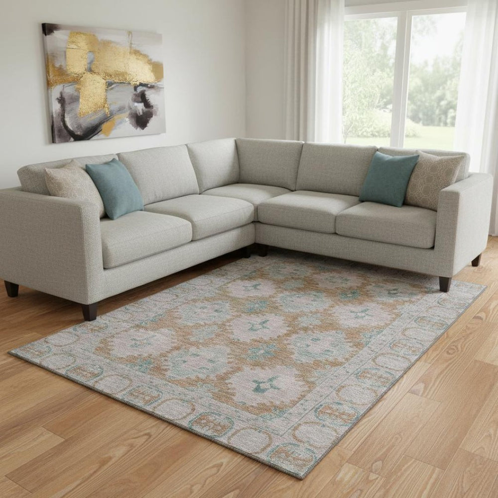 HomeRoots 8' X 10' Terra Cotta and Teal Oriental Washable Area Rug – Stylish, Durable, and UV-Resistant Elegance 700497