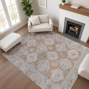 HomeRoots 9' X 12' Elegant Terra Cotta & Teal Washable Area Rug with UV Protection for High-Traffic Homes 700498