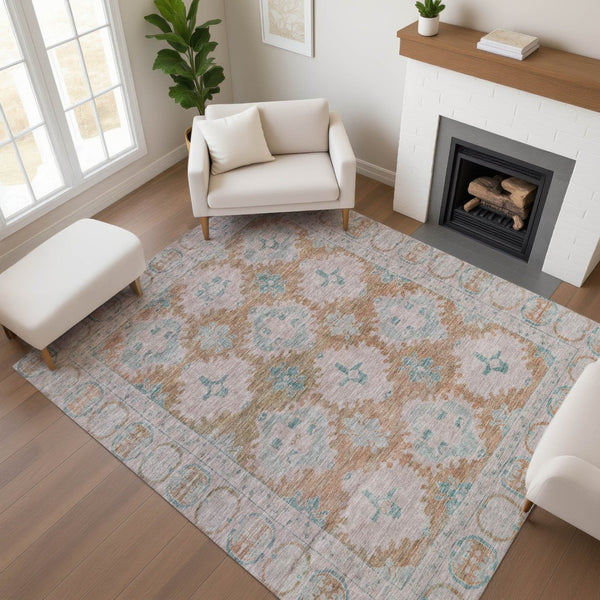 HomeRoots 9' X 12' Elegant Terra Cotta & Teal Washable Area Rug with UV Protection for High-Traffic Homes 700498
