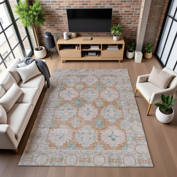 HomeRoots 9' X 12' Elegant Terra Cotta & Teal Washable Area Rug with UV Protection for High-Traffic Homes 700498