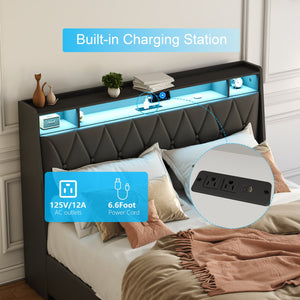 English Elm Queen Ergonomic Headboard Platform Bed with Built-In Outlets, USB Charger, LED Light & Shelf Storage Black W3107P327874