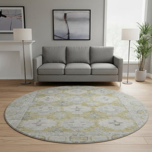 HomeRoots 8' Wheat and Gray Oriental Round Rug - Washable, UV Protected, Durable Design for Busy Homes 700502