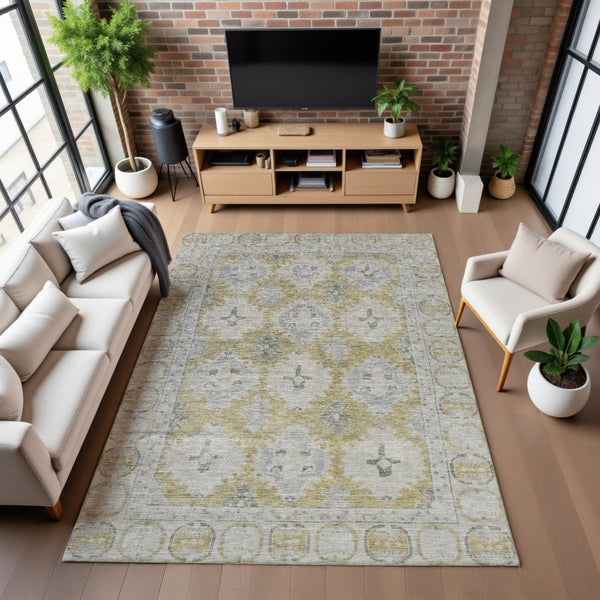 HomeRoots 10' Wheat and Gray Oriental Area Rug - Washable, UV-Protected, Durable, Perfect for Family Spaces! 700505