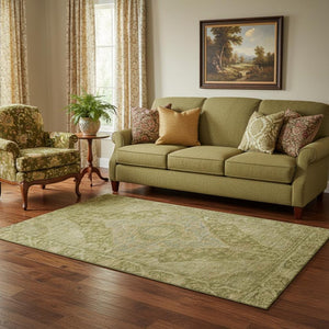 HomeRoots 5' X 8' Elegant Artichoke Green Beige Oriental Area Rug - Washable, UV Protected & Stain Resistant! 700507