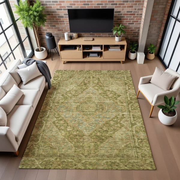 HomeRoots 5' X 8' Elegant Artichoke Green Beige Oriental Area Rug - Washable, UV Protected & Stain Resistant! 700507