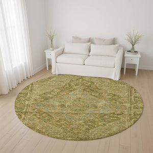 HomeRoots 8' Artichoke Green & Beige Oriental Round Rug – Washable, UV Protected, Soft & Durable for All Spaces 700508