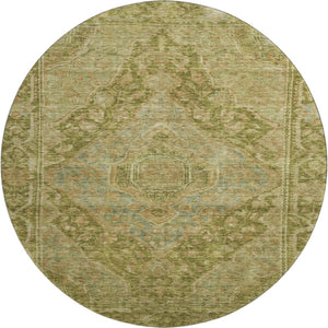 HomeRoots 8' Artichoke Green & Beige Oriental Round Rug – Washable, UV Protected, Soft & Durable for All Spaces 700508