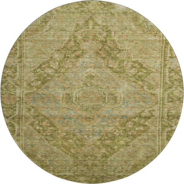HomeRoots 8' Artichoke Green & Beige Oriental Round Rug – Washable, UV Protected, Soft & Durable for All Spaces 700508