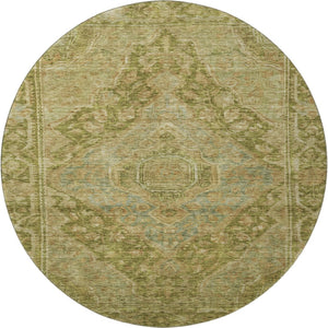 HomeRoots 8' Artichoke Green & Beige Oriental Round Rug – Washable, UV Protected, Soft & Durable for All Spaces 700508