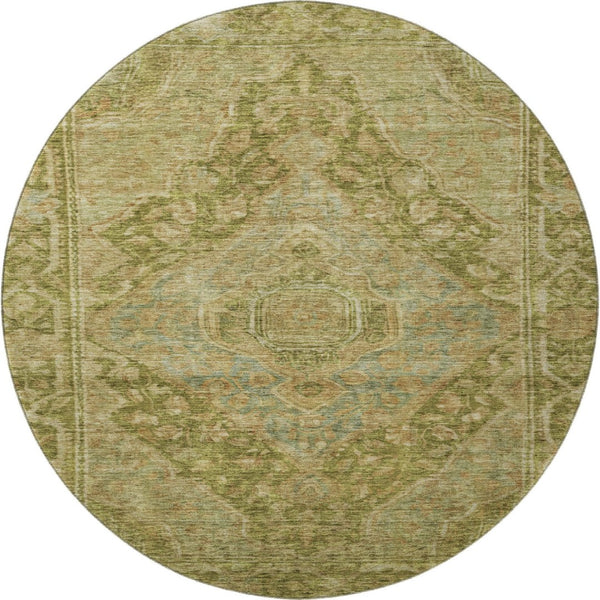 HomeRoots 8' Artichoke Green & Beige Oriental Round Rug – Washable, UV Protected, Soft & Durable for All Spaces 700508
