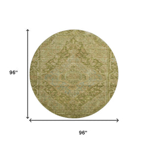 HomeRoots 8' Artichoke Green & Beige Oriental Round Rug – Washable, UV Protected, Soft & Durable for All Spaces 700508