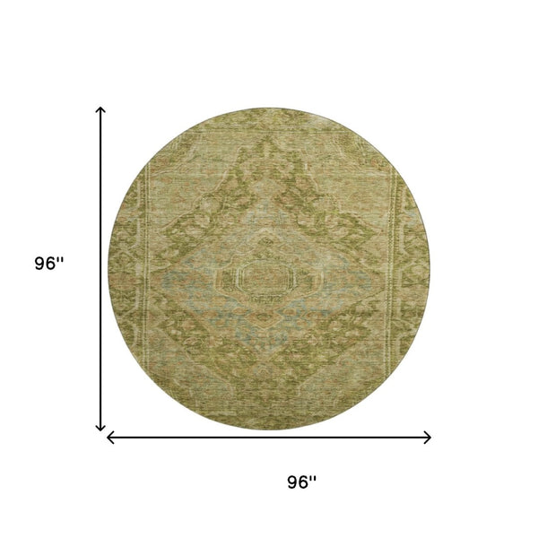 HomeRoots 8' Artichoke Green & Beige Oriental Round Rug – Washable, UV Protected, Soft & Durable for All Spaces 700508