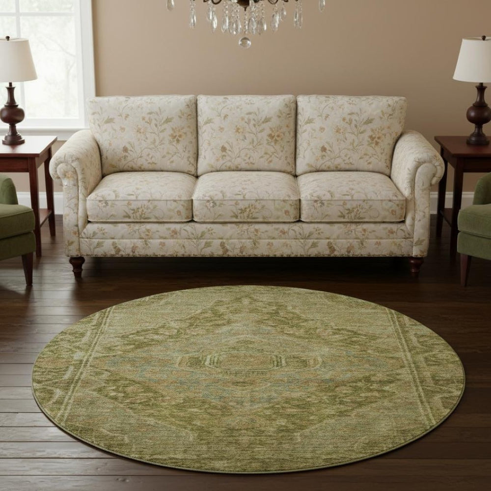 HomeRoots 8' Artichoke Green & Beige Oriental Round Rug – Washable, UV Protected, Soft & Durable for All Spaces 700508