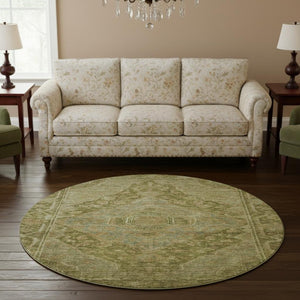 HomeRoots 8' Artichoke Green & Beige Oriental Round Rug – Washable, UV Protected, Soft & Durable for All Spaces 700508