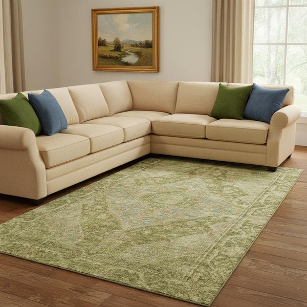 HomeRoots 8' X 10' Artichoke Green Beige Oriental Washable Area Rug - UV Protected, Stain Resistant & Durable 700509
