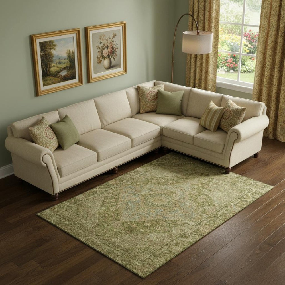 HomeRoots 9' X 12' Elegant Artichoke Green & Beige Oriental Area Rug - Washable, Stain Resistant, UV Protected 700510