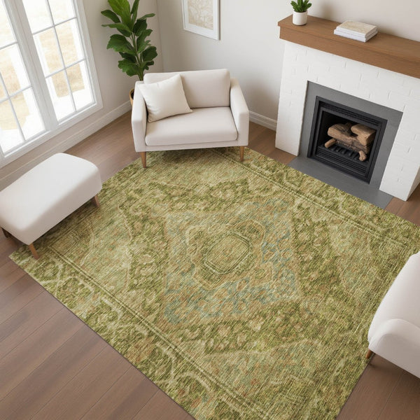 HomeRoots 9' X 12' Elegant Artichoke Green & Beige Oriental Area Rug - Washable, Stain Resistant, UV Protected 700510