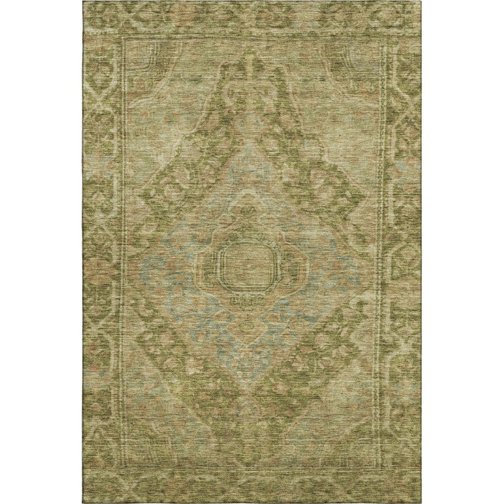 HomeRoots 9' X 12' Elegant Artichoke Green & Beige Oriental Area Rug - Washable, Stain Resistant, UV Protected 700510