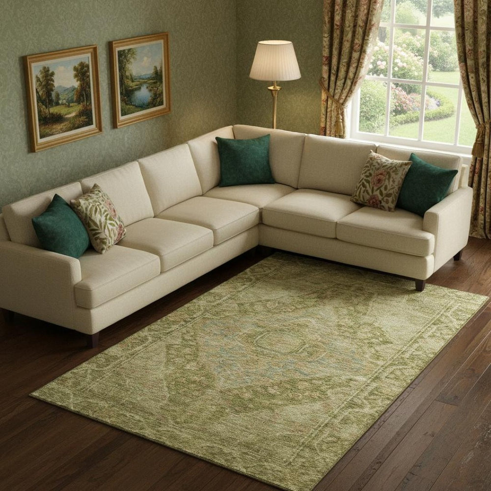 HomeRoots 10' Artichoke Green & Beige Oriental Washable Area Rug - Elegant, Durable, UV Protected for Homes 700511