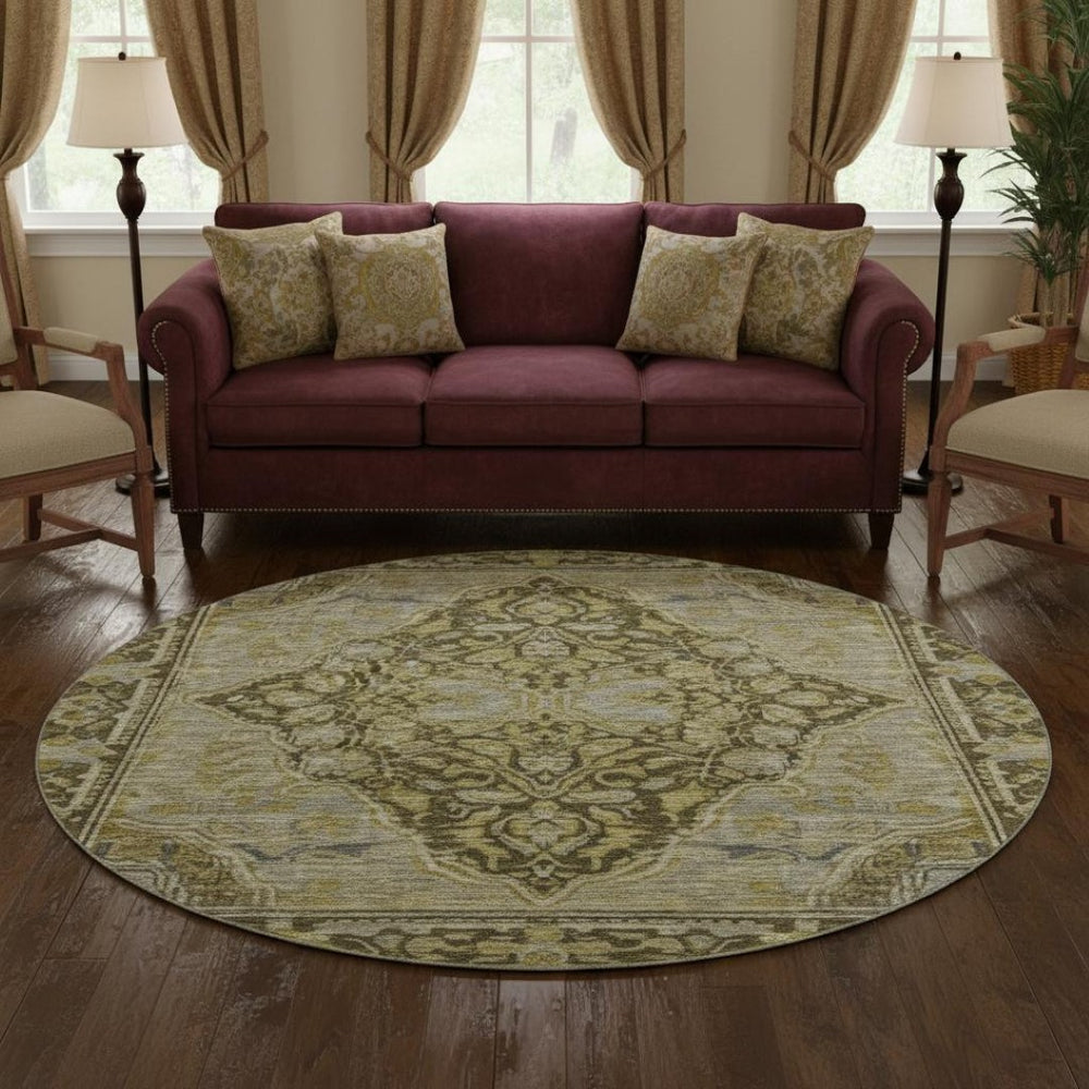 HomeRoots 8' Brown and Gray Oriental Washable Round Rug - Stain Resistant, UV Protected, Non-Slip Backing! 700514