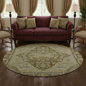 HomeRoots 8' Brown and Gray Oriental Washable Round Rug - Stain Resistant, UV Protected, Non-Slip Backing! 700514