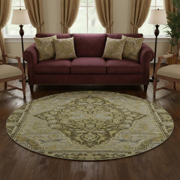 HomeRoots 8' Brown and Gray Oriental Washable Round Rug - Stain Resistant, UV Protected, Non-Slip Backing! 700514