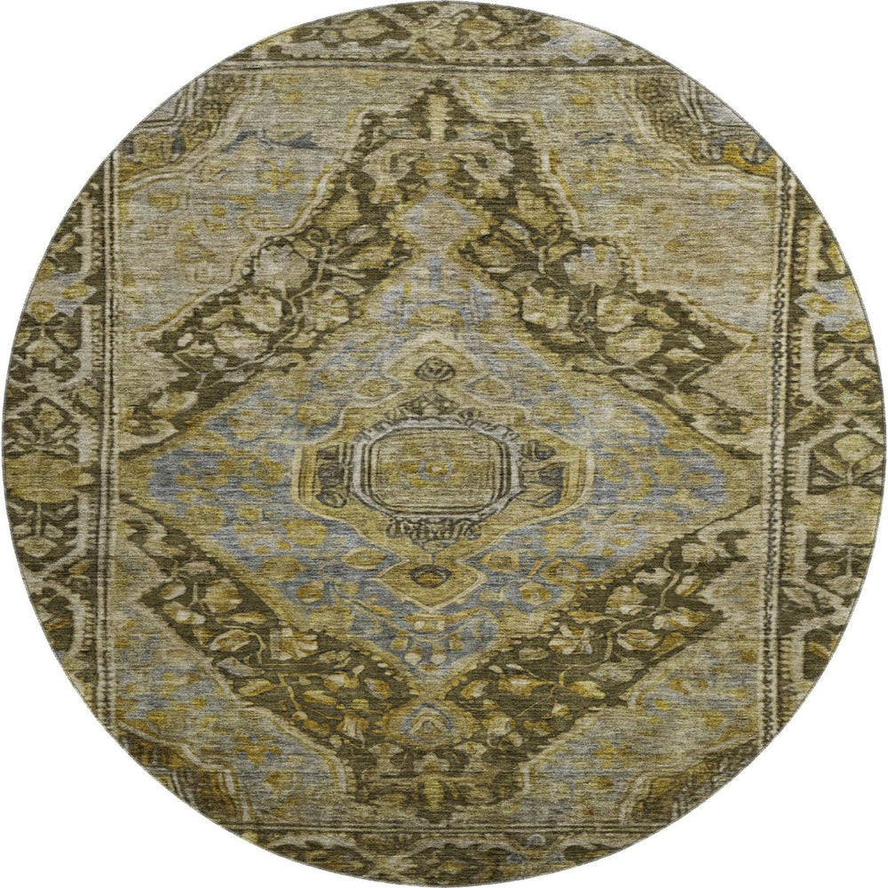 HomeRoots 8' Brown and Gray Oriental Washable Round Rug - Stain Resistant, UV Protected, Non-Slip Backing! 700514