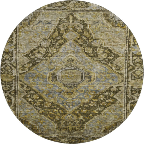 HomeRoots 8' Brown and Gray Oriental Washable Round Rug - Stain Resistant, UV Protected, Non-Slip Backing! 700514