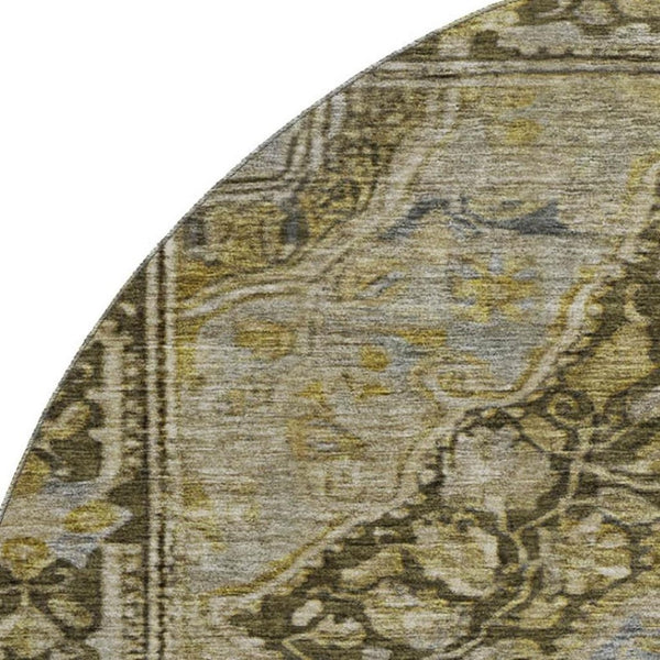 HomeRoots 8' Brown and Gray Oriental Washable Round Rug - Stain Resistant, UV Protected, Non-Slip Backing! 700514