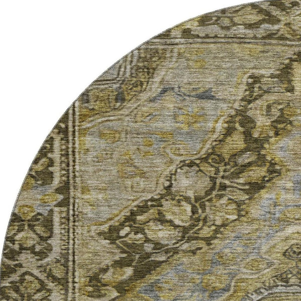 HomeRoots 8' Brown and Gray Oriental Washable Round Rug - Stain Resistant, UV Protected, Non-Slip Backing! 700514
